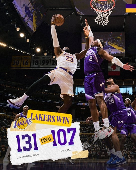 老当益壮！湖人晒赢球海报：詹姆斯人群中起飞不可阻挡